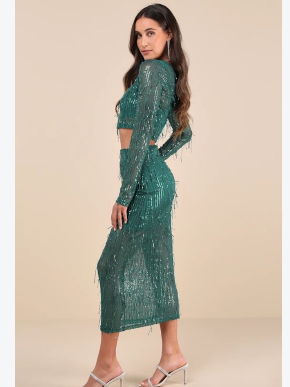 NEW Lulus Greatest Sparkle Emerald Sequin Fringe Midi Skirt - Women Sz Medium